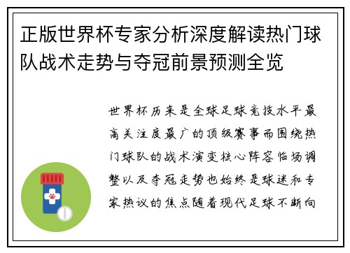 正版世界杯专家分析深度解读热门球队战术走势与夺冠前景预测全览